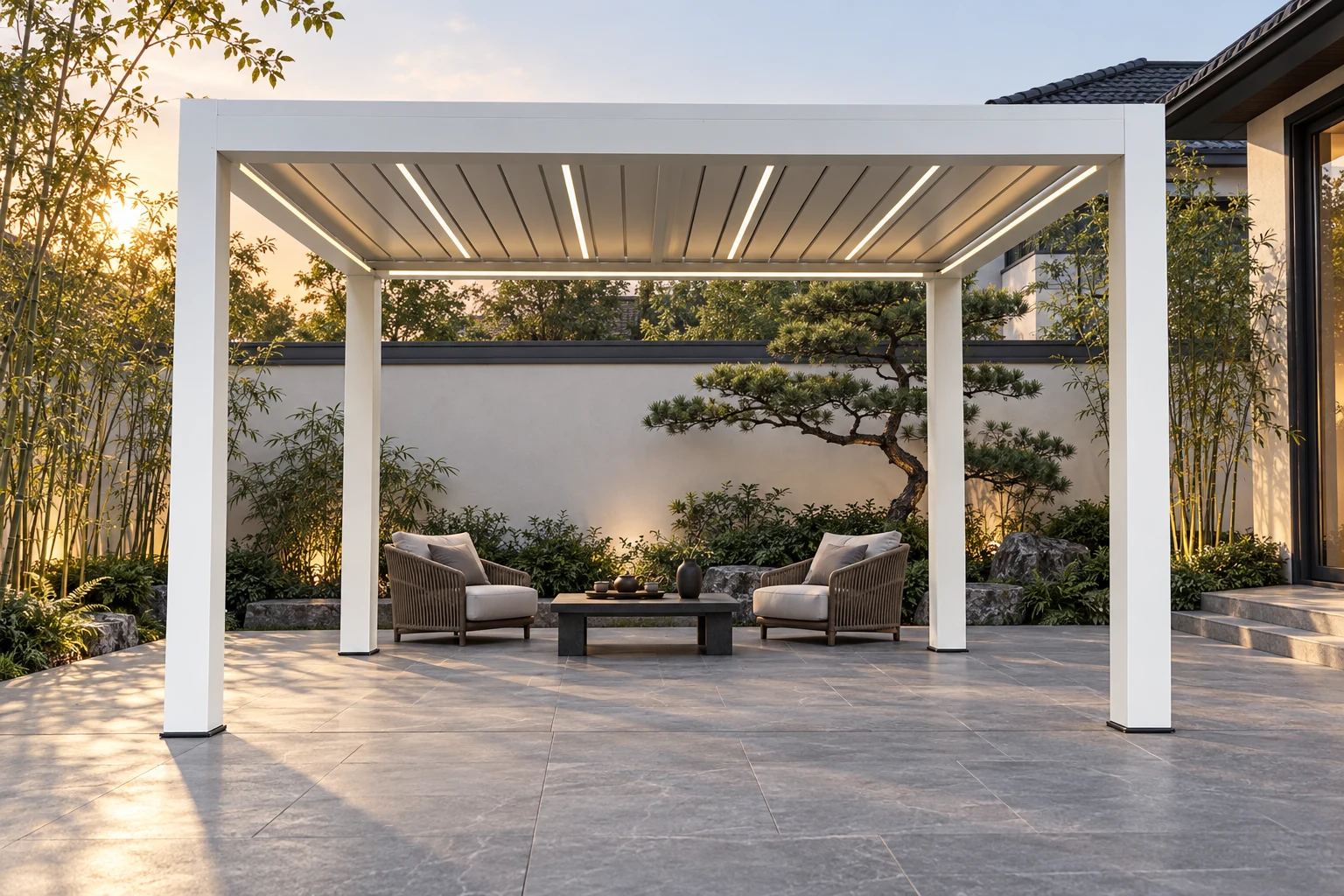 Concept visualisation of a white louvre roof pergola in a courtyard garden