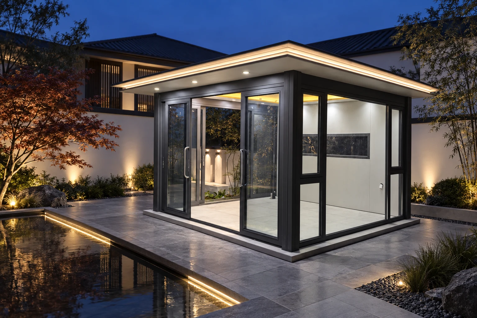 Concept visualisation of a dark-framed enclosed garden room at dusk