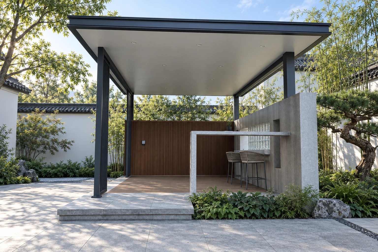 Concept visualisation of an open-sided fixed-roof pavilion with a continuous ceiling