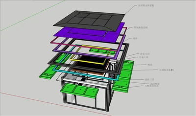 Exploded model view of roof layers, framing and components for a custom aluminium structure.