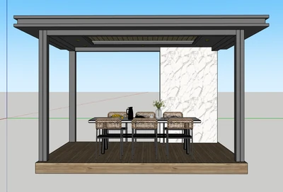Front view of a pavilion SketchUp model with a dining layout, ceiling treatment and platform.
